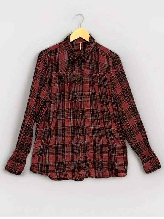 Free People Tops - Free People Plaid Flannel Shirt Cotton Wool Blend Long Sleeve Gathered Yoke
